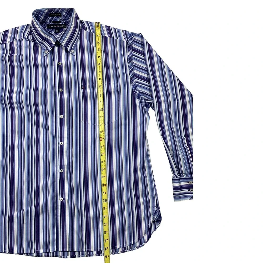 Tommy Hilfiger Button Down‎ Shirt Large Mens Purple Blue Striped Long Sleeve